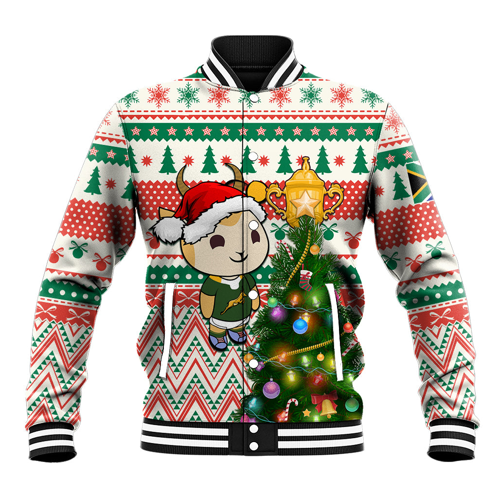 White baseball jacket with striped collar and Christmas tree lights graphic, front view