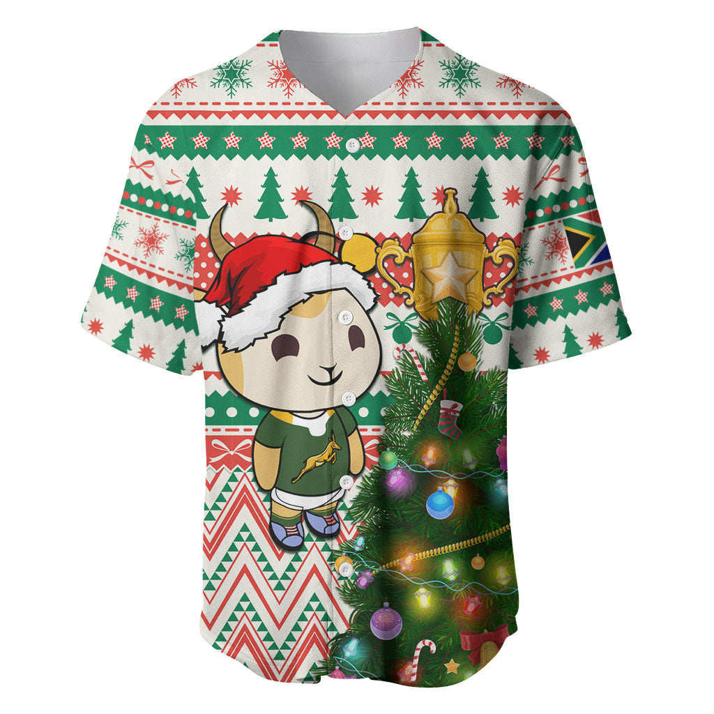 Personalised South Africa Rugby Christmas Baseball Jersey Cute Springbok With Christmas Tree - Wonder Print Shop