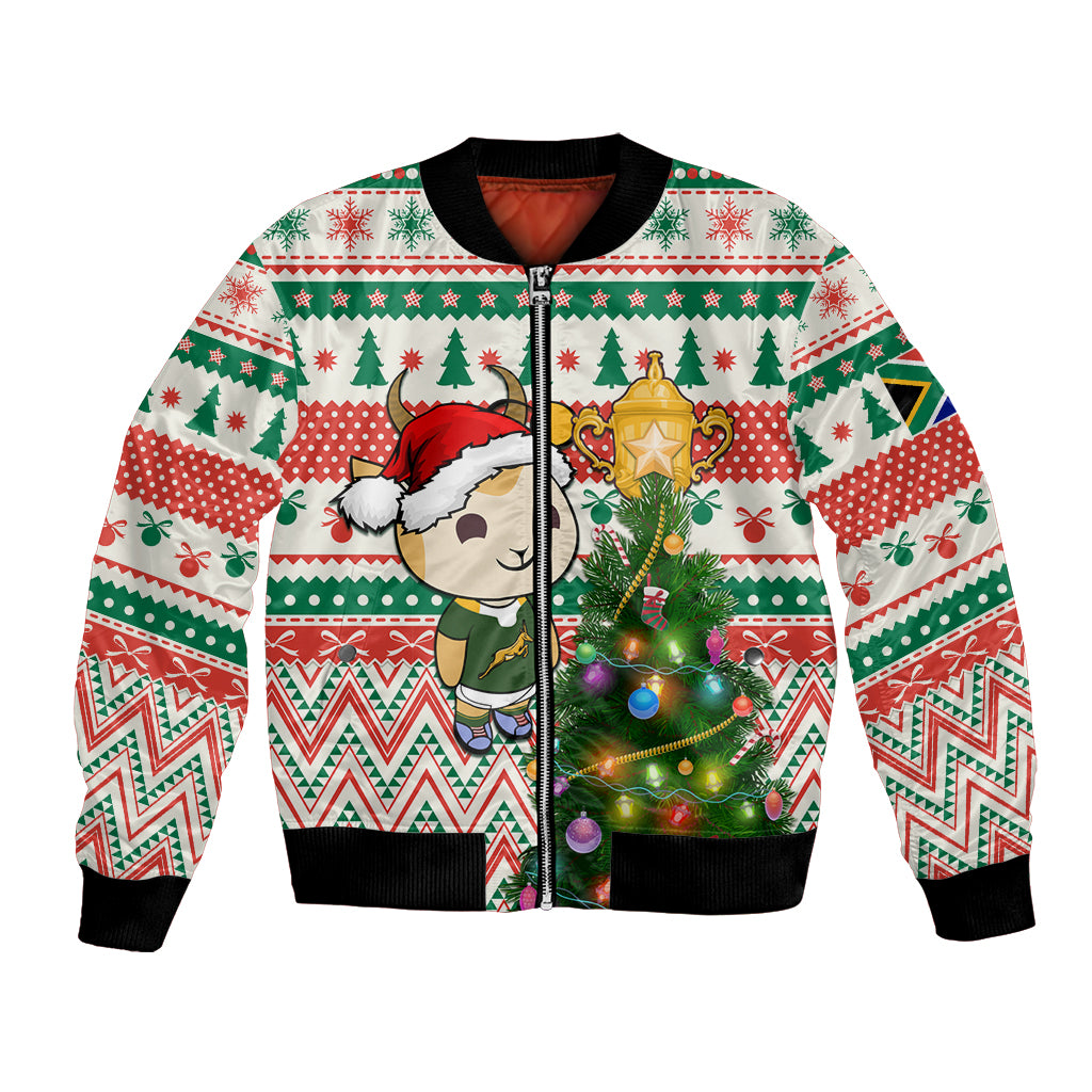 Christmas bomber jacket with festive graphic, green red patterns, and ribbed black cuffs