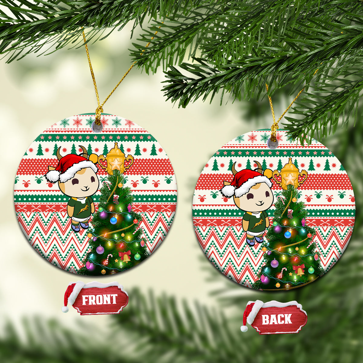 Christmas ceramic ornament set of two circle designs with springbok in festive tree scene