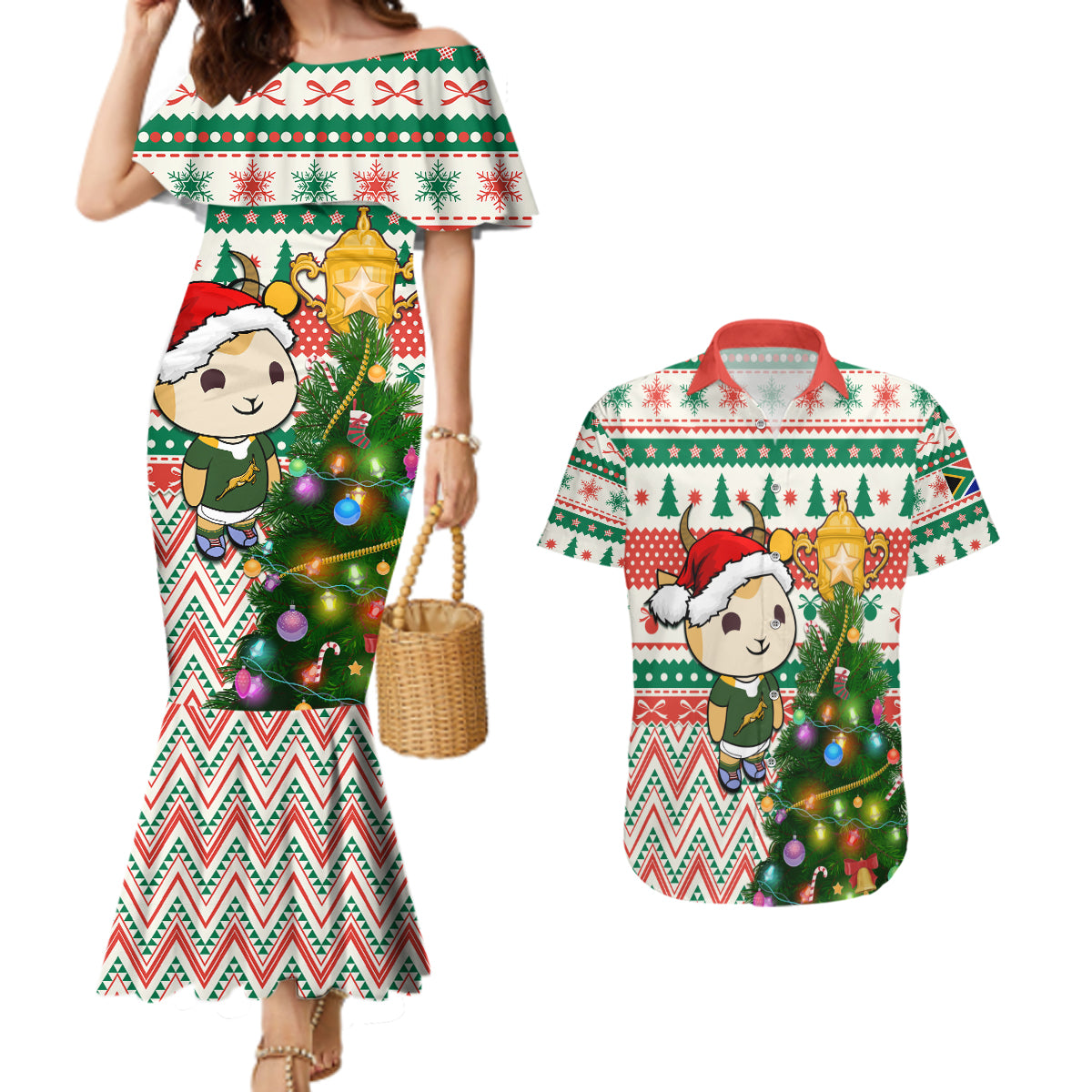 Personalised South Africa Rugby Christmas Couples Matching Mermaid Dress and Hawaiian Shirt Cute Springbok With Christmas Tree - Wonder Print Shop