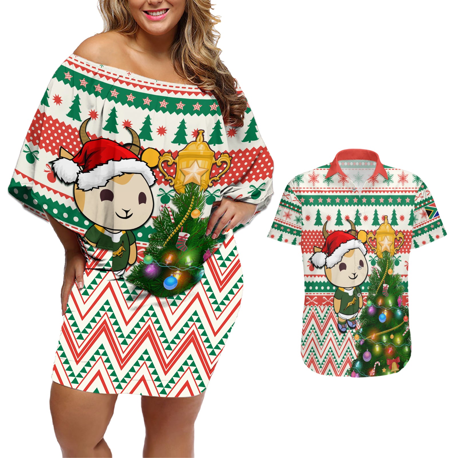 Personalised South Africa Rugby Christmas Couples Matching Off Shoulder Short Dress and Hawaiian Shirt Cute Springbok With Christmas Tree - Wonder Print Shop