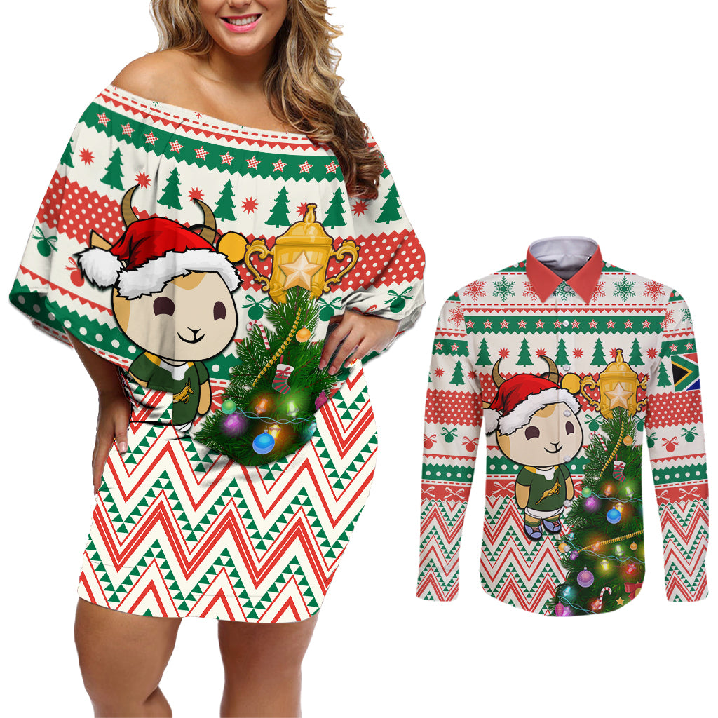 Personalised South Africa Rugby Christmas Couples Matching Off Shoulder Short Dress and Long Sleeve Button Shirt Cute Springbok With Christmas Tree - Wonder Print Shop