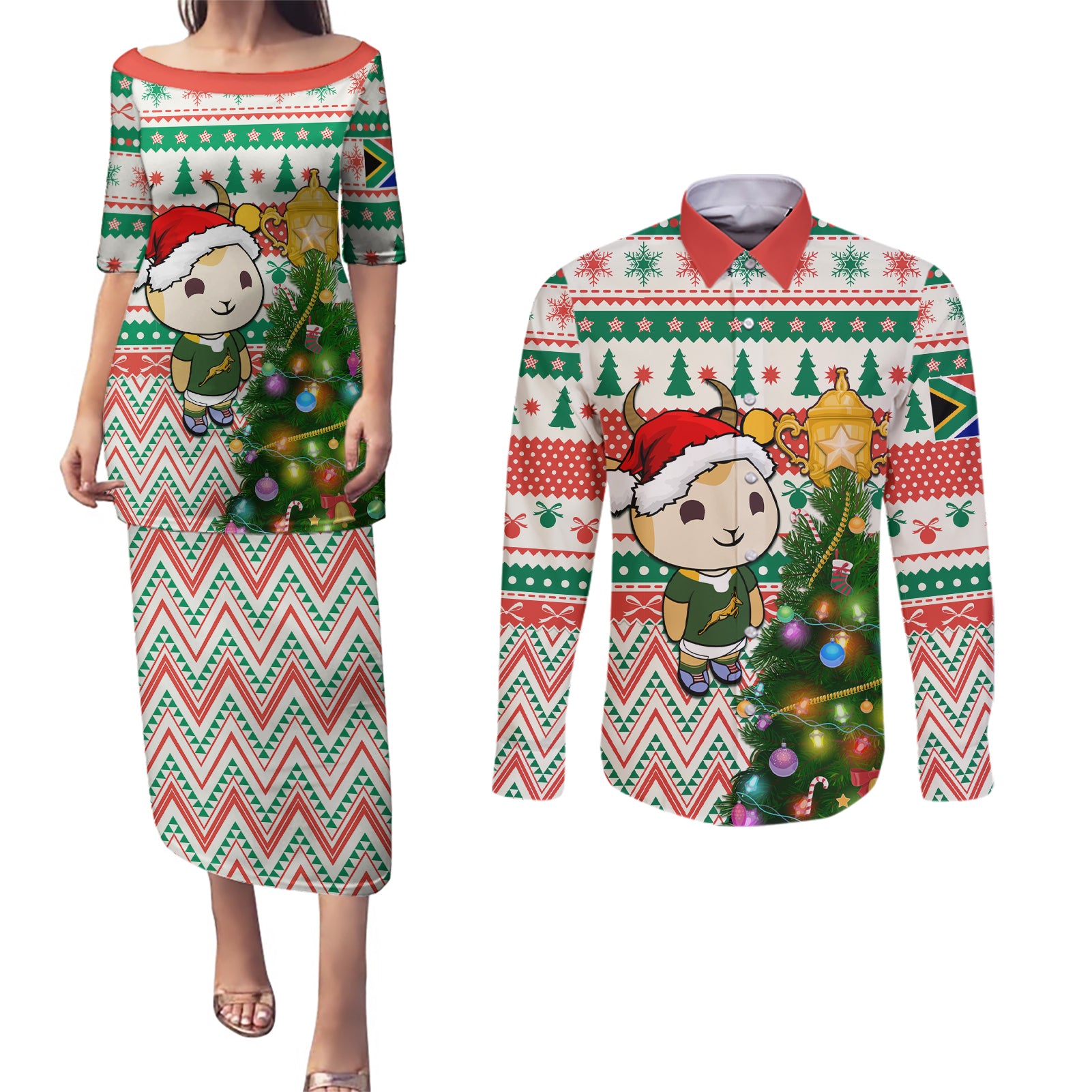 Personalised South Africa Rugby Christmas Couples Matching Puletasi Dress and Long Sleeve Button Shirt Cute Springbok With Christmas Tree - Wonder Print Shop