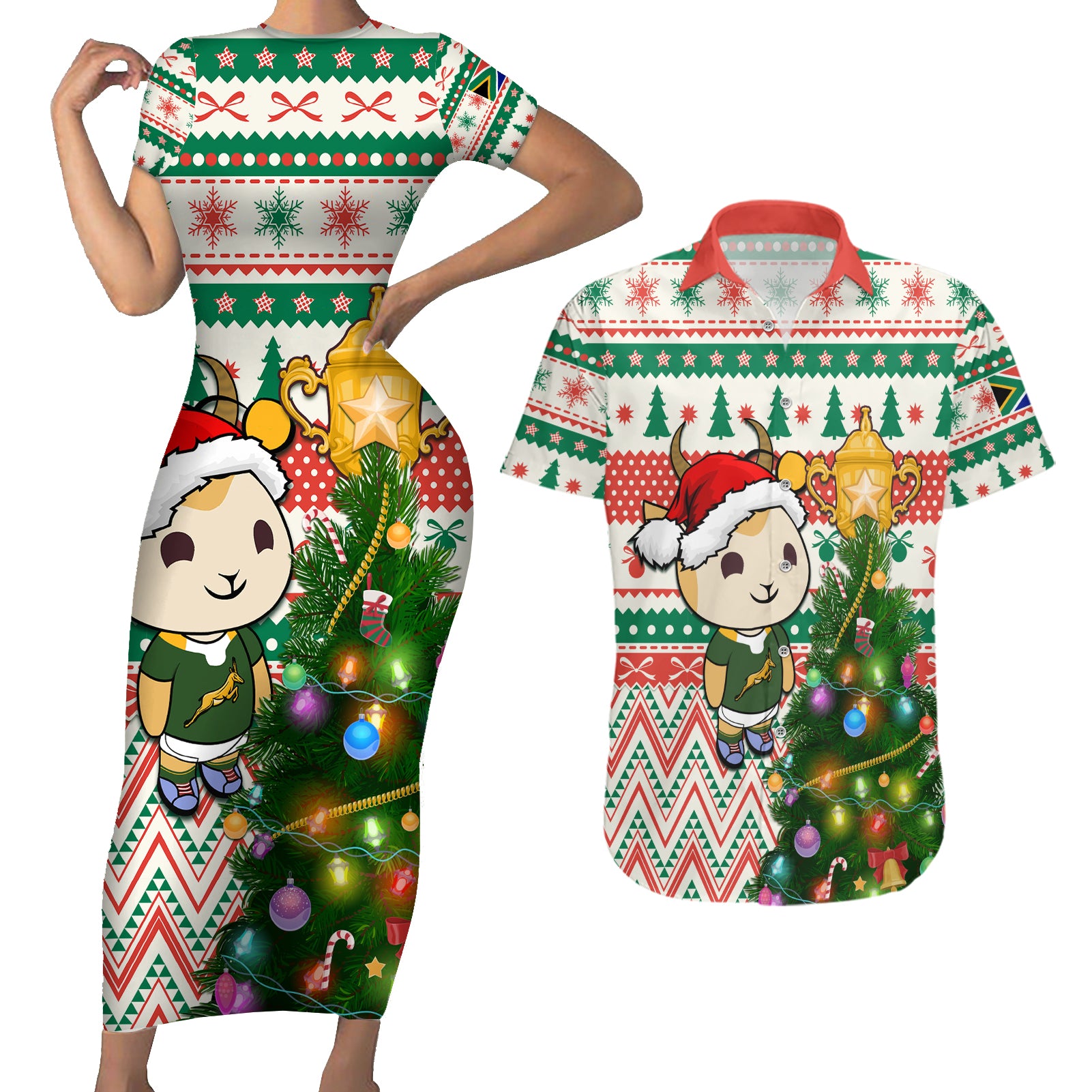 Personalised South Africa Rugby Christmas Couples Matching Short Sleeve Bodycon Dress and Hawaiian Shirt Cute Springbok With Christmas Tree - Wonder Print Shop