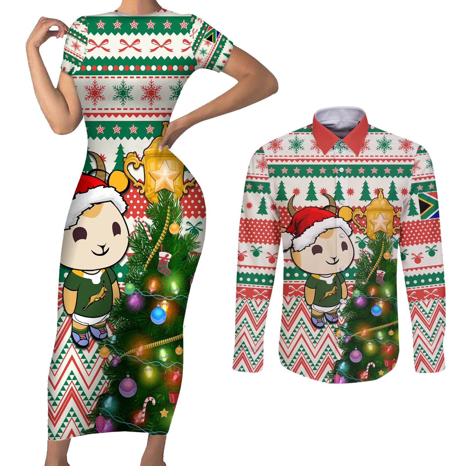 Personalised South Africa Rugby Christmas Couples Matching Short Sleeve Bodycon Dress and Long Sleeve Button Shirt Cute Springbok With Christmas Tree - Wonder Print Shop