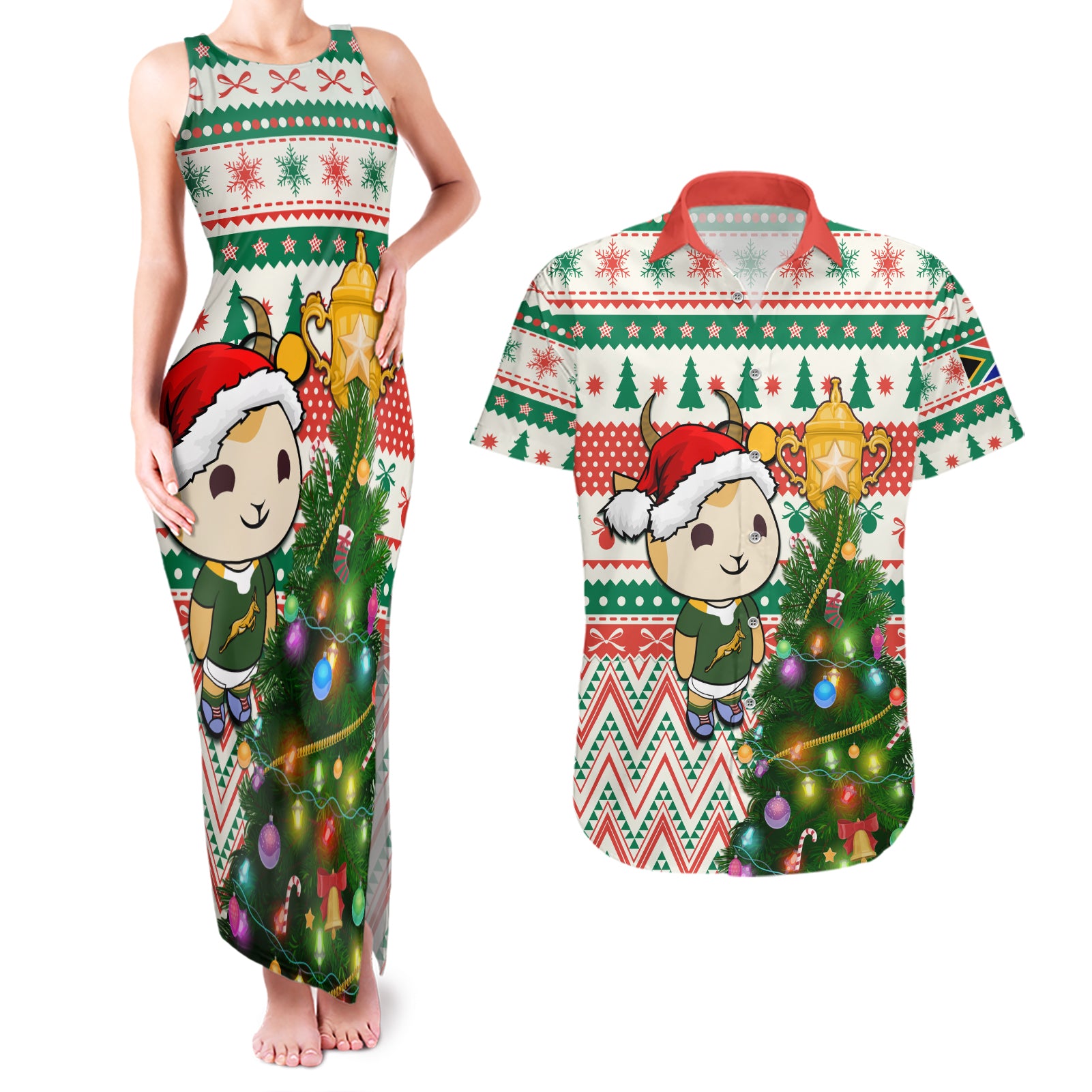 Personalised South Africa Rugby Christmas Couples Matching Tank Maxi Dress and Hawaiian Shirt Cute Springbok With Christmas Tree - Wonder Print Shop