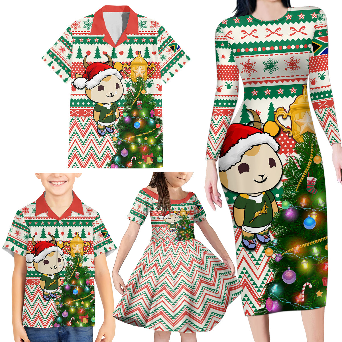 Personalised South Africa Rugby Christmas Family Matching Long Sleeve Bodycon Dress and Hawaiian Shirt Cute Springbok With Christmas Tree - Wonder Print Shop