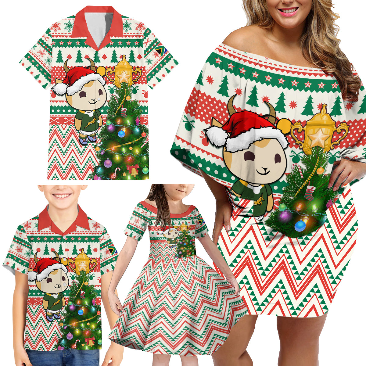 Personalised South Africa Rugby Christmas Family Matching Off Shoulder Short Dress and Hawaiian Shirt Cute Springbok With Christmas Tree - Wonder Print Shop