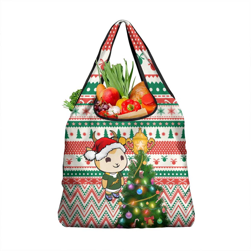 Personalised South Africa Rugby Christmas Grocery Bag Cute Springbok With Christmas Tree