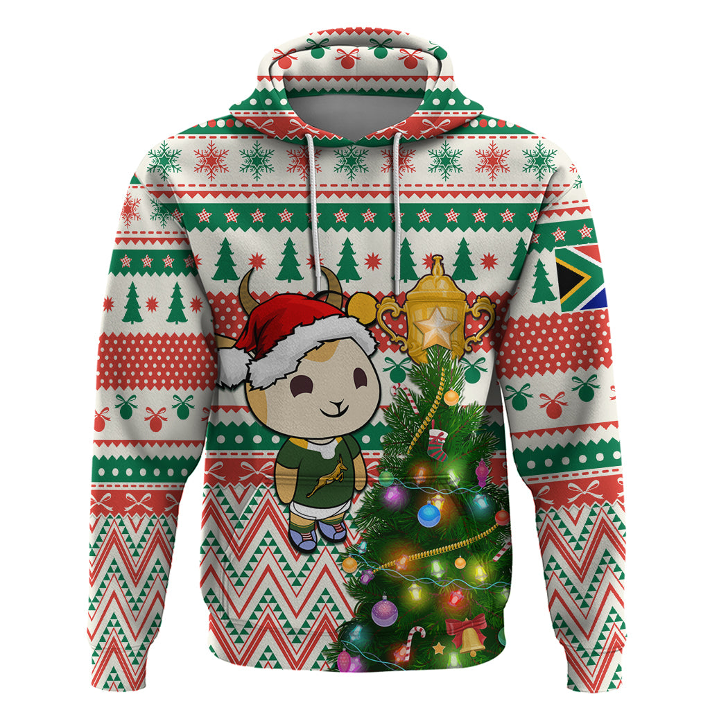 Personalised South Africa Rugby Christmas Hoodie Cute Springbok With Christmas Tree - Wonder Print Shop