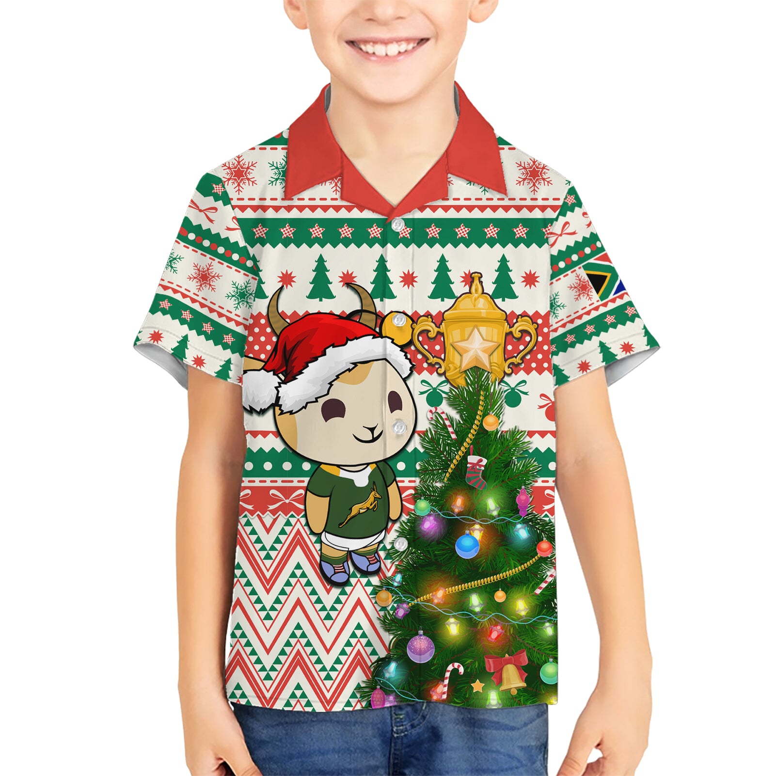 Personalised South Africa Rugby Christmas Kid Hawaiian Shirt Cute Springbok With Christmas Tree - Wonder Print Shop