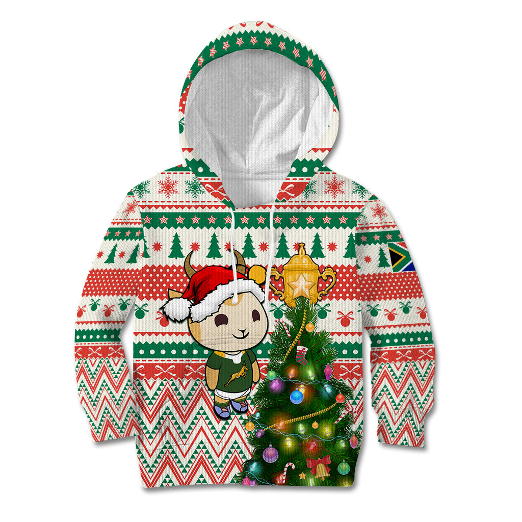 Personalised South Africa Rugby Christmas Kid Hoodie Cute Springbok With Christmas Tree - Wonder Print Shop