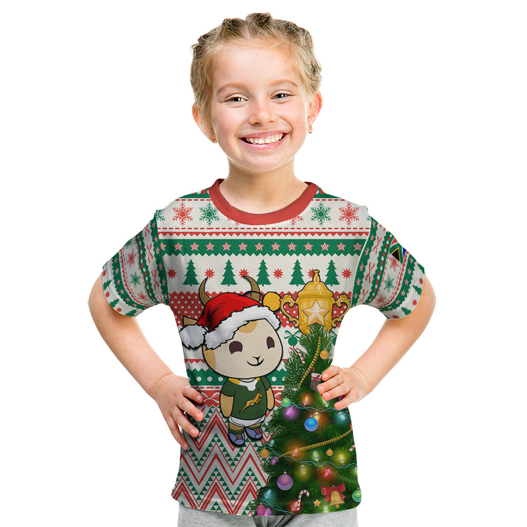 Personalised South Africa Rugby Christmas Kid T Shirt Cute Springbok With Christmas Tree - Wonder Print Shop