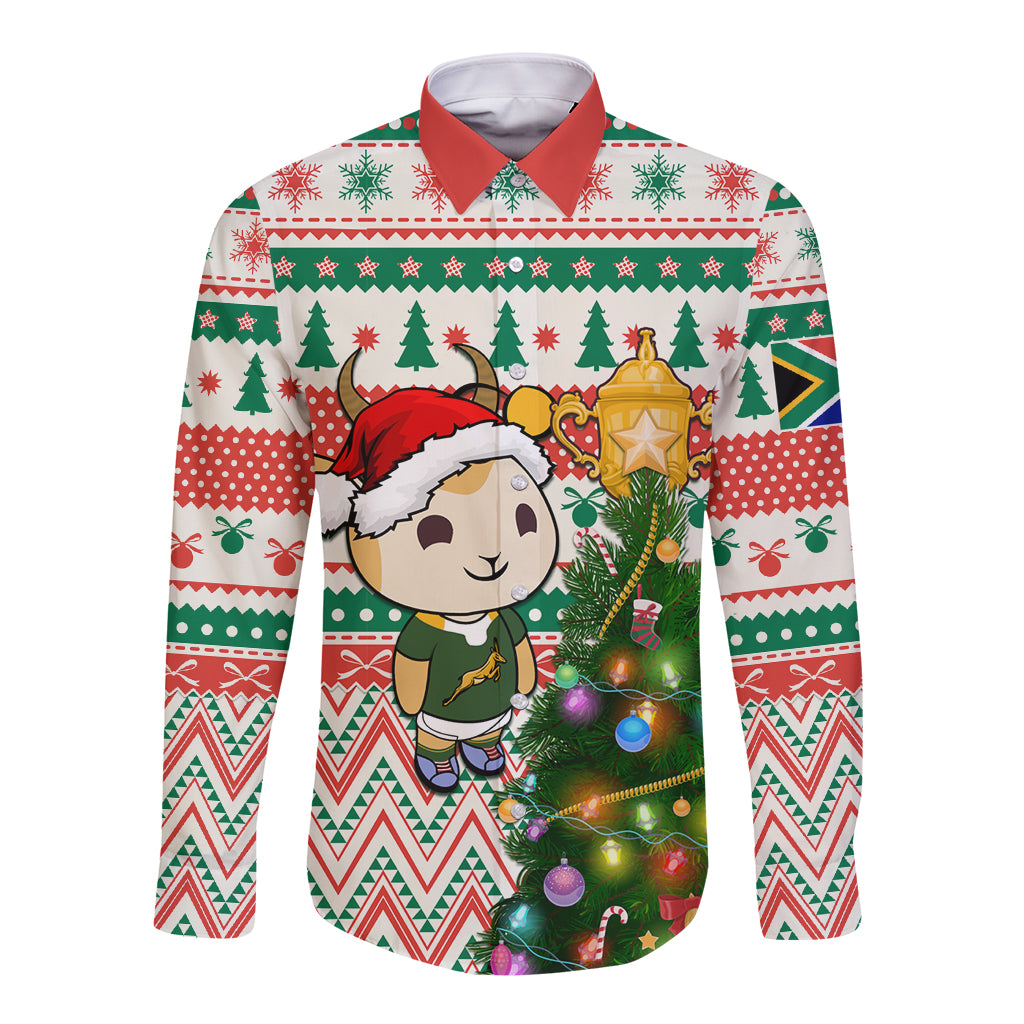 Christmas rugby button shirt, cartoon Springbok with Santa hat, Christmas tree lights