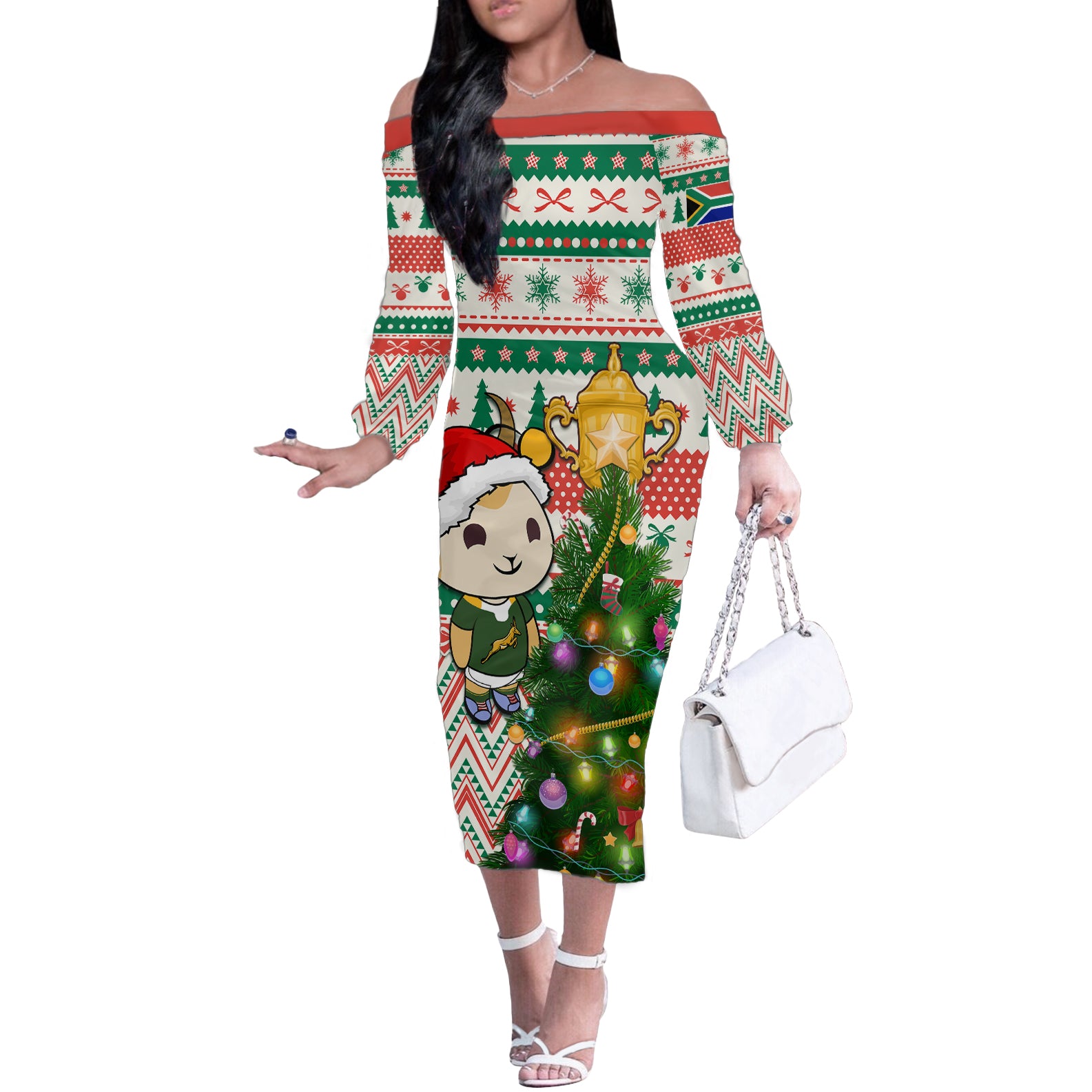 Personalised South Africa Rugby Christmas Off The Shoulder Long Sleeve Dress Cute Springbok With Christmas Tree - Wonder Print Shop