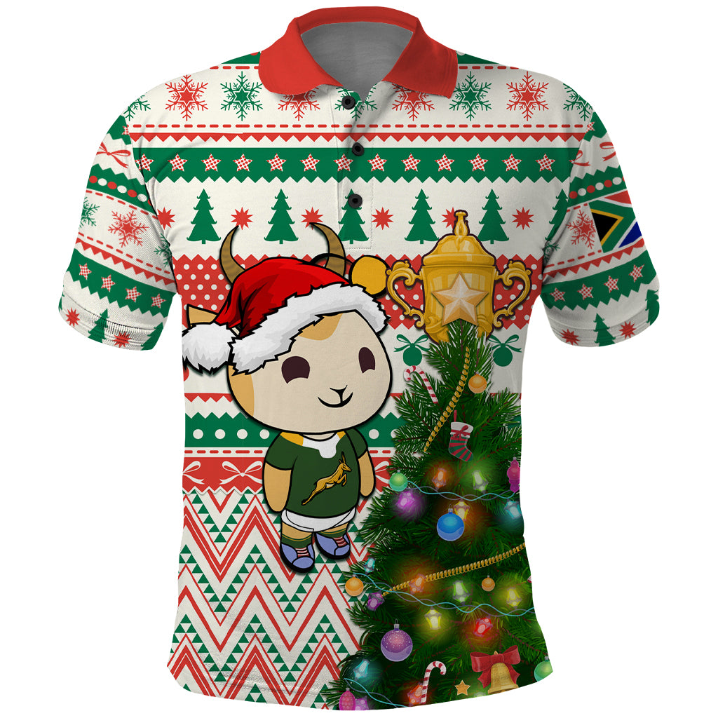 Personalised South Africa Rugby Christmas Polo Shirt Cute Springbok With Christmas Tree - Wonder Print Shop