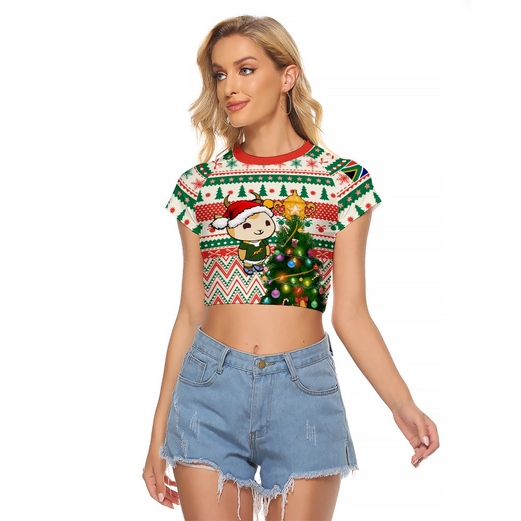 Personalised South Africa Rugby Christmas Raglan Cropped T Shirt Cute Springbok With Christmas Tree - Wonder Print Shop