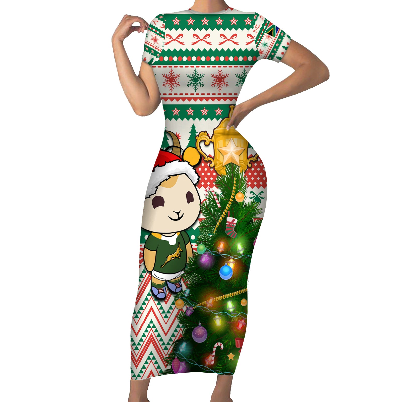 Personalised South Africa Rugby Christmas Short Sleeve Bodycon Dress Cute Springbok With Christmas Tree - Wonder Print Shop