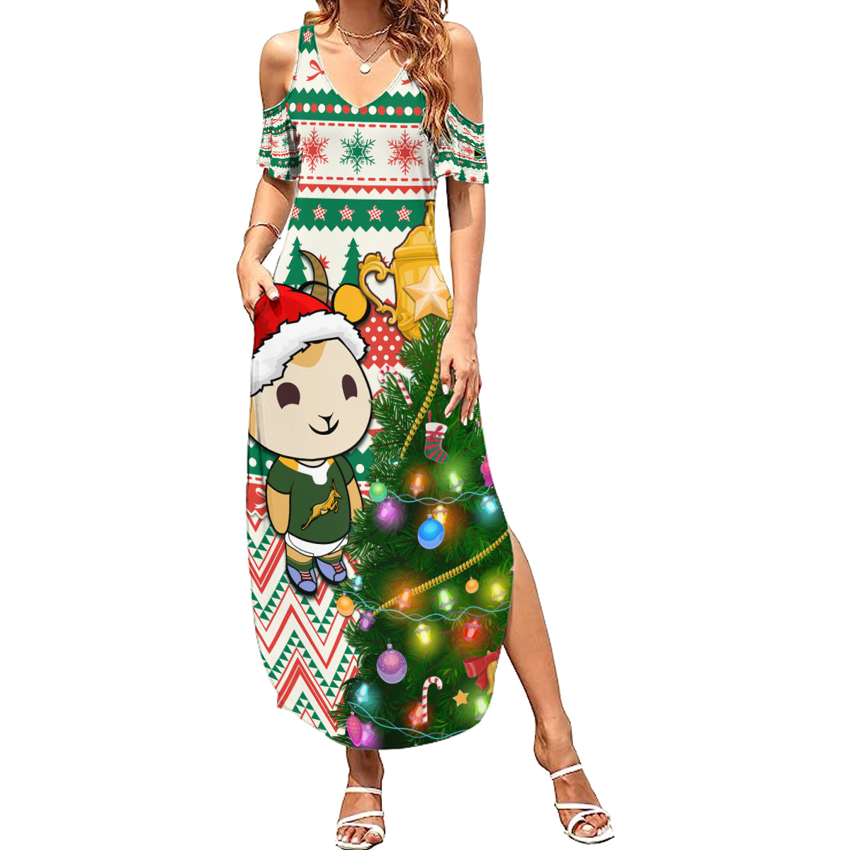 Personalised South Africa Rugby Christmas Summer Maxi Dress Cute Springbok With Christmas Tree - Wonder Print Shop