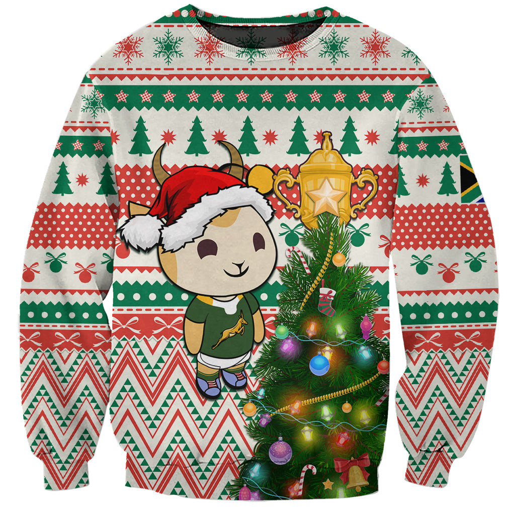 Personalised South Africa Rugby Christmas Sweatshirt Cute Springbok With Christmas Tree - Wonder Print Shop