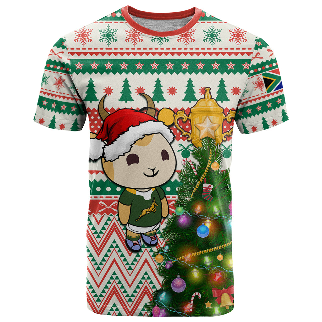 Personalised South Africa Rugby Christmas T Shirt Cute Springbok With Christmas Tree - Wonder Print Shop