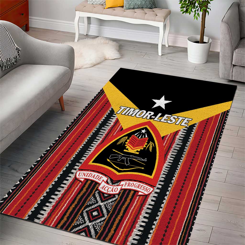 Rectangular area rug with bold stripes and crest, yellow diagonal band, “Timor-Leste” text