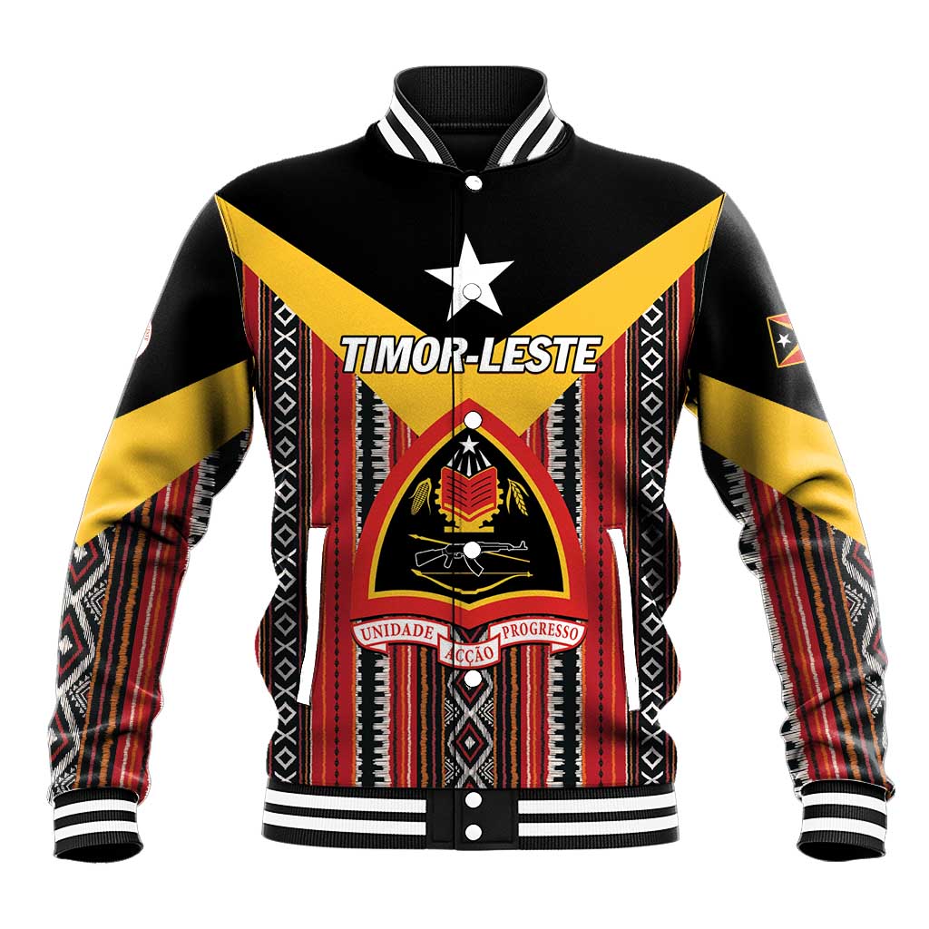 Unisex baseball jacket in black with red, yellow and tribal pattern, front crest and star