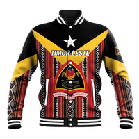 Unisex baseball jacket in black with red, yellow and tribal pattern, front crest and star