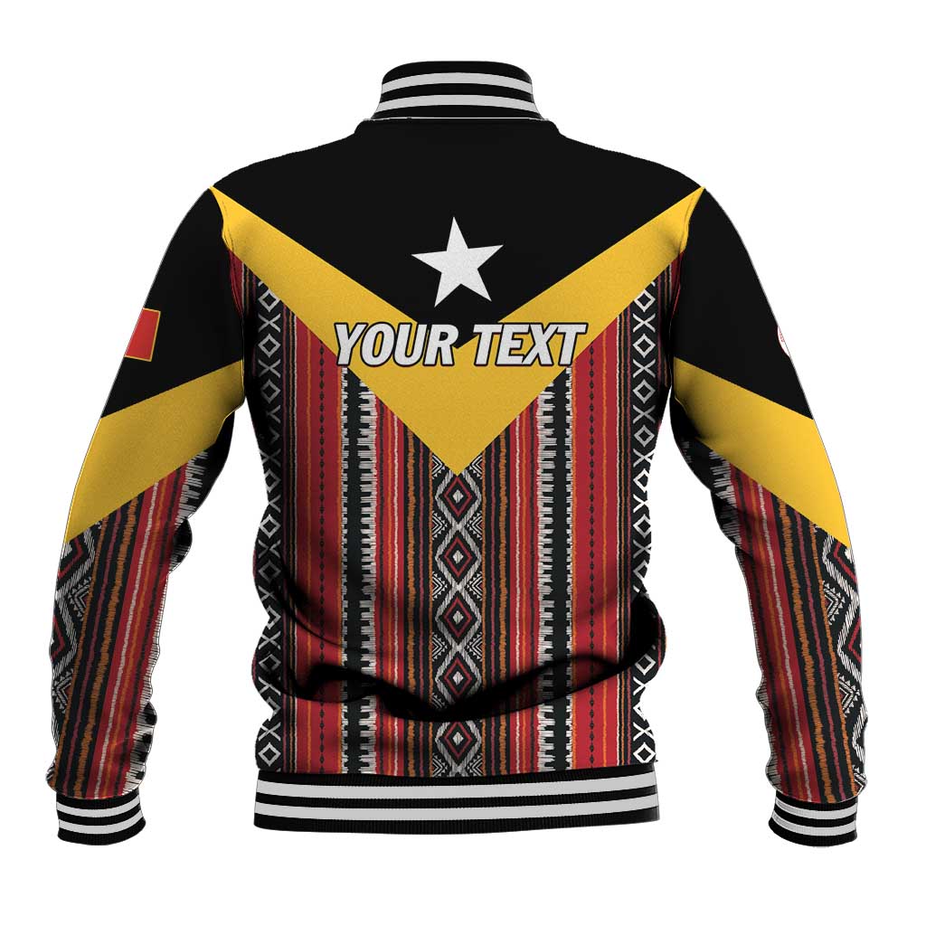 Unisex baseball jacket in black with red and yellow tribal print, back shows YOUR TEXT