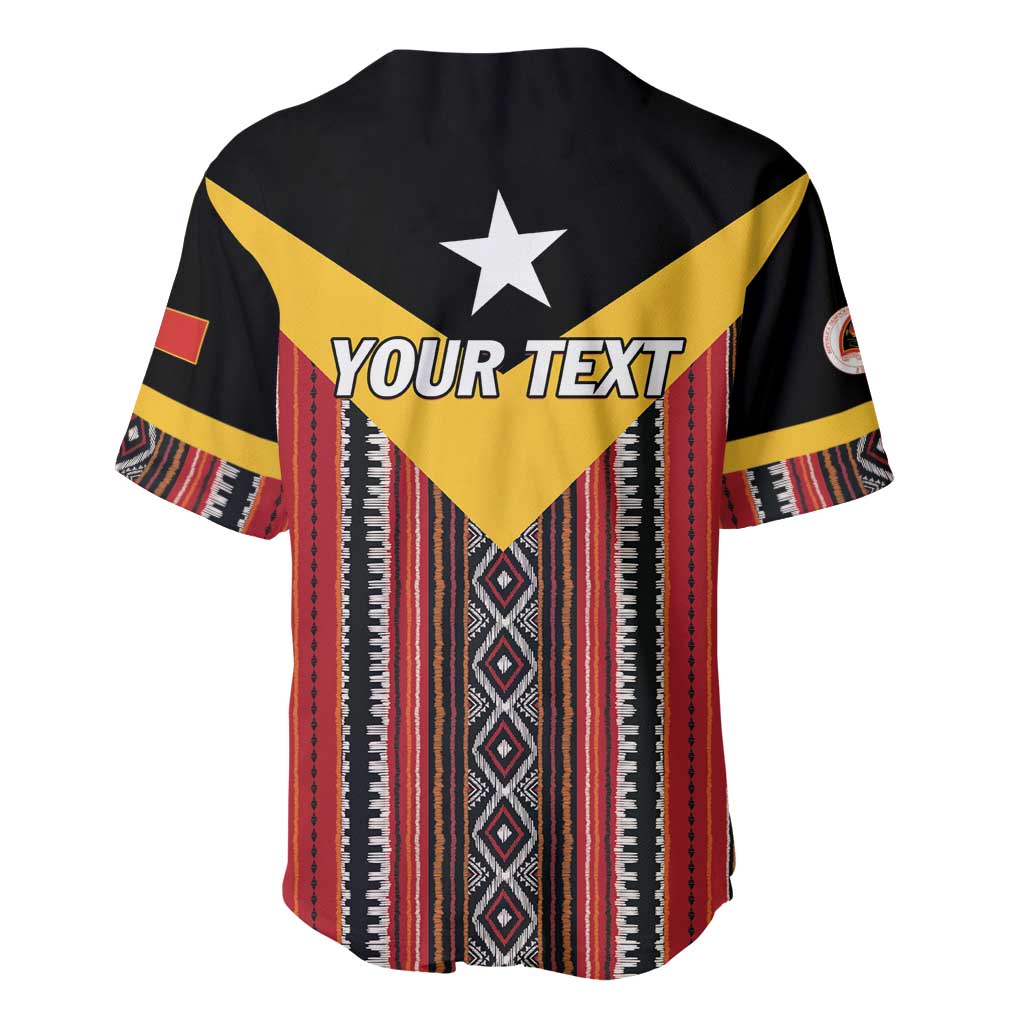 Baseball jersey in black and red with yellow V, star, and vertical tribal stripe pattern