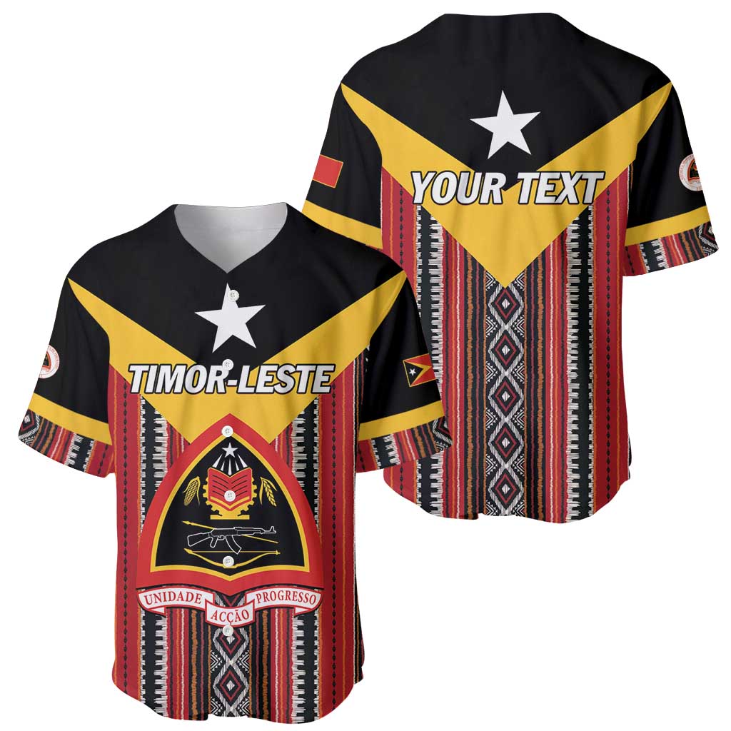 Two baseball jerseys: one with TIMOR-LESTE crest, one with YOUR TEXT, both with star