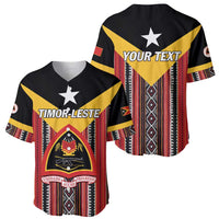 Two baseball jerseys: one with TIMOR-LESTE crest, one with YOUR TEXT, both with star