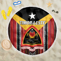 150cm round Timor-Leste beach blanket, black yellow red crest design, white fringe
