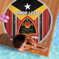 Round Timor-Leste beach blanket with white fringe and vertical striped fabric edges