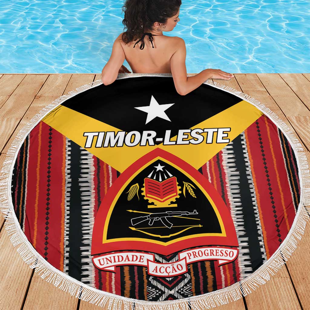 Round Timor-Leste flag beach blanket with white fringe, dark center crest and stripes