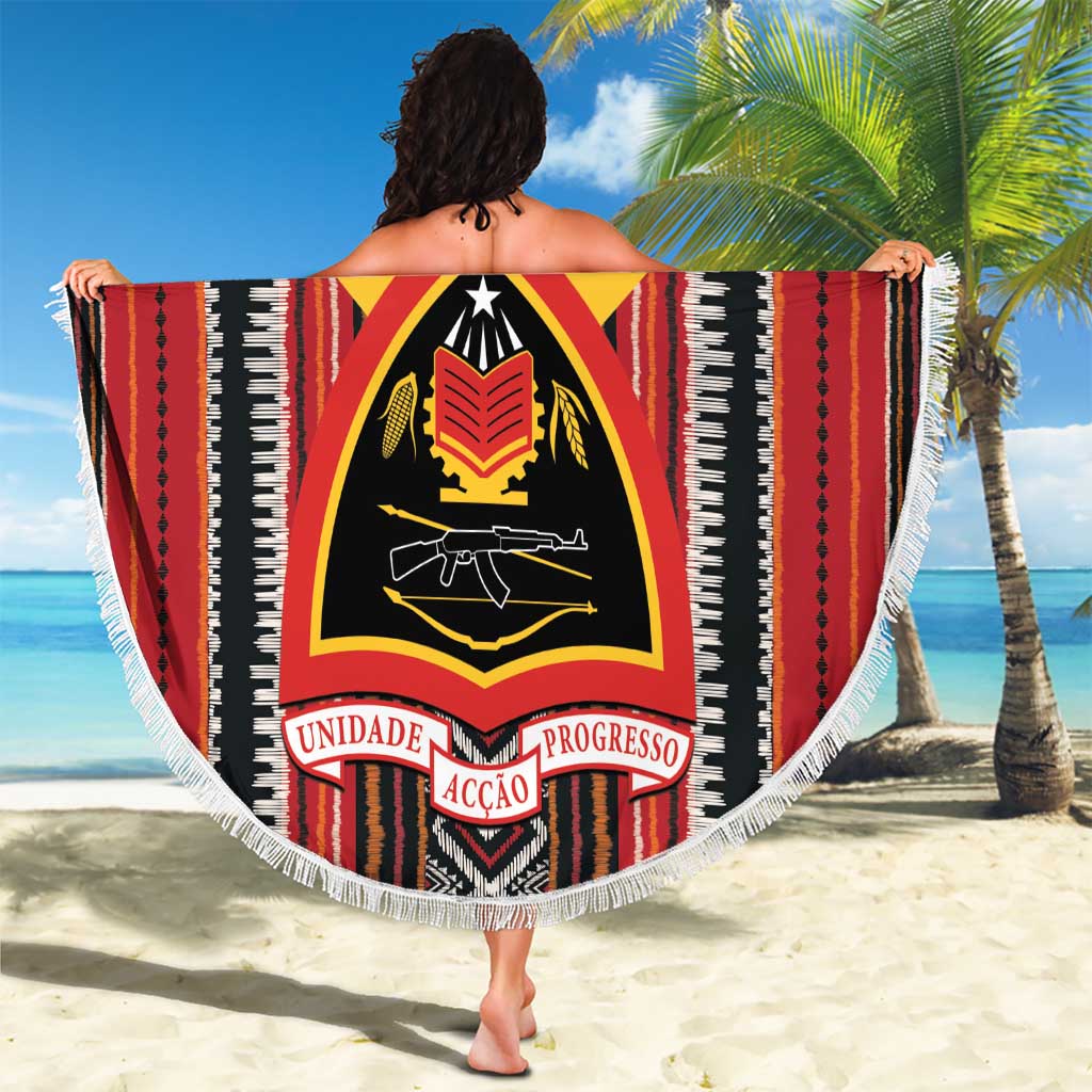 Timor-Leste round beach blanket with white fringe, bold emblem, red yellow black stripes