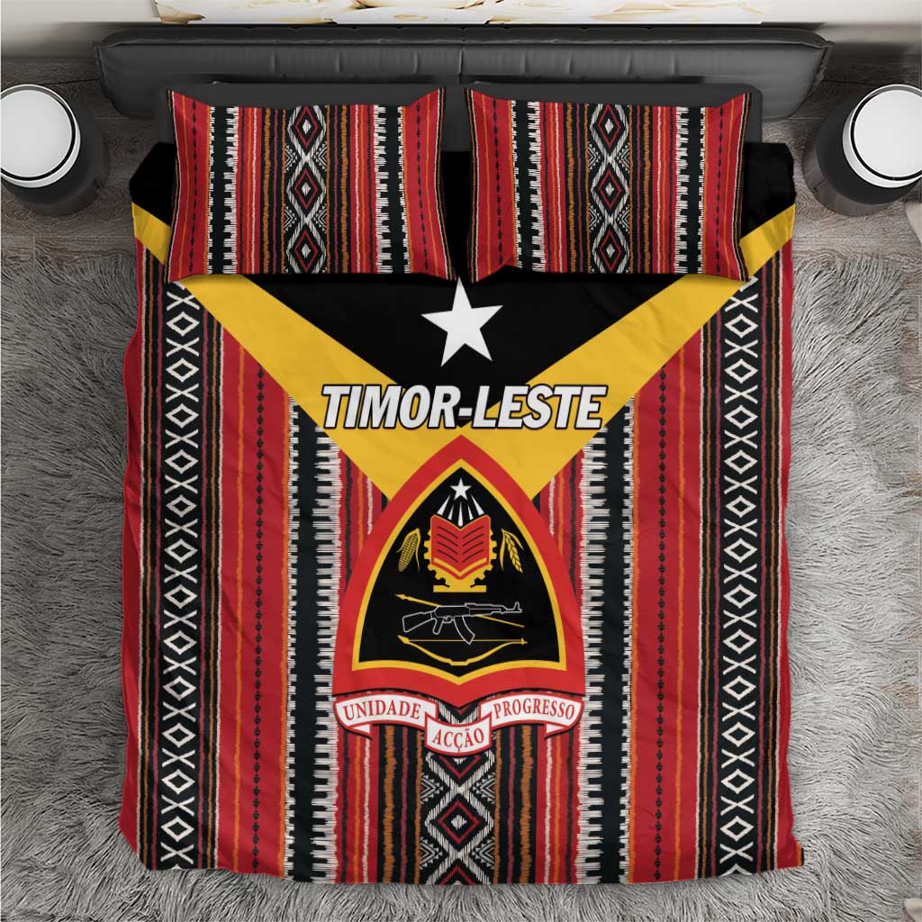 Red black and white Timor-Leste bedding set with geometric stripe pattern and emblem