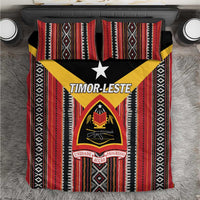 Red black and white Timor-Leste bedding set with geometric stripe pattern and emblem