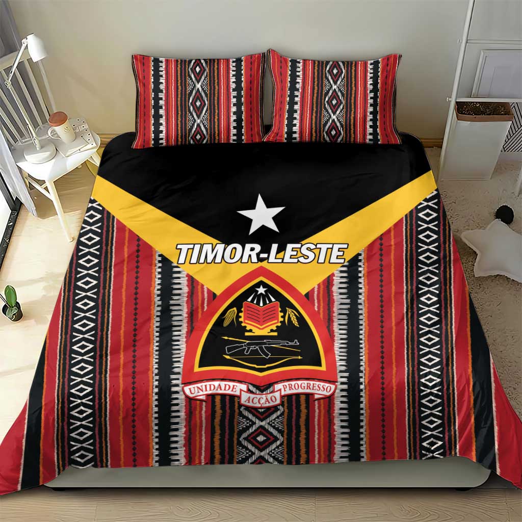 Red black and white Timor-Leste duvet and two pillow bedding set with striped Tais pattern