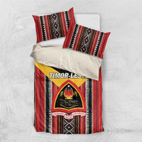 Red black and white Timor-Leste duvet and pillow bedding set shown flat