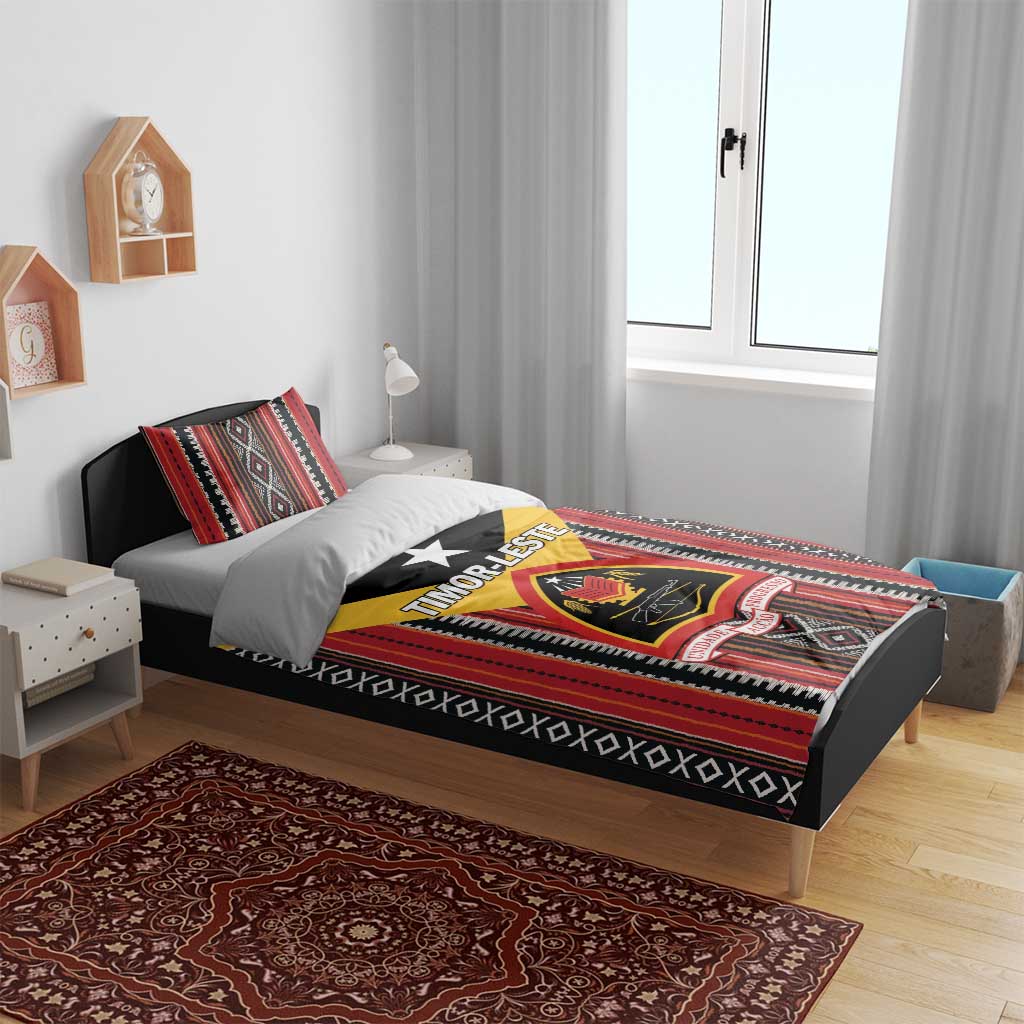 Red black and white Timor-Leste bedding set with striped Tais pattern and star crest