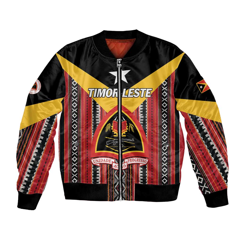 Black bomber jacket with zip, Timor-Leste text and red/yellow striped Tais pattern