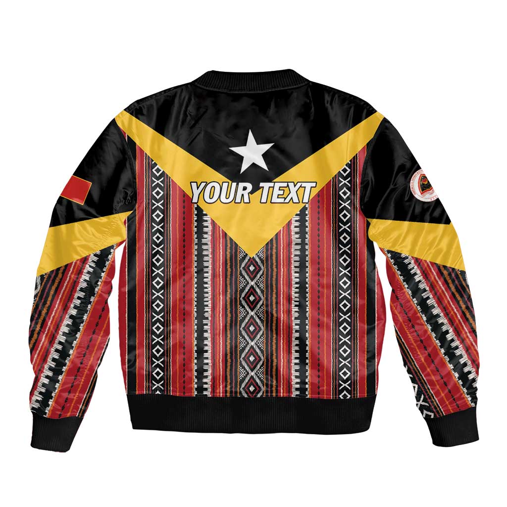 Black bomber jacket with zip and Your Text panel, red/yellow striped Tais pattern