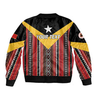 Black bomber jacket with zip and Your Text panel, red/yellow striped Tais pattern