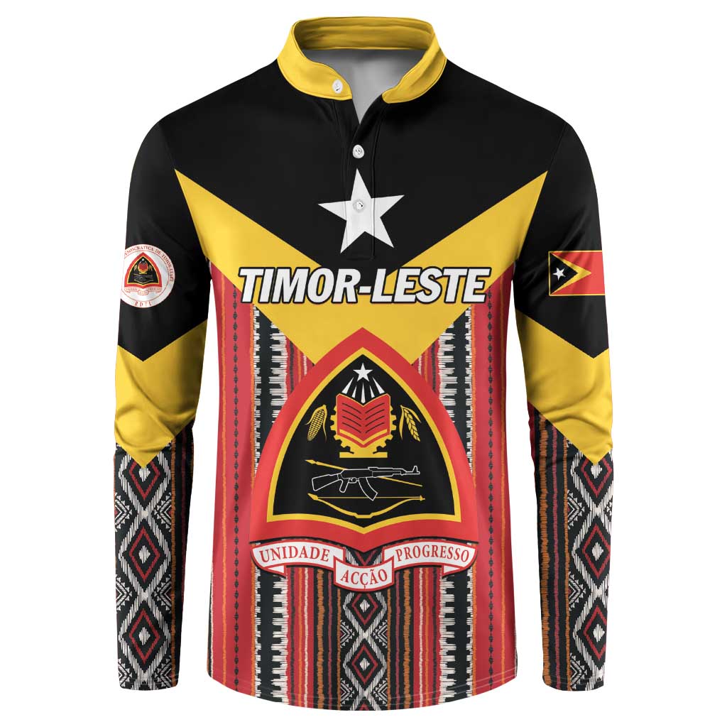 Personalized button sweatshirt with Timor-Leste crest, black yellow red patterned sleeves