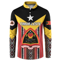 Personalized button sweatshirt with Timor-Leste crest, black yellow red patterned sleeves