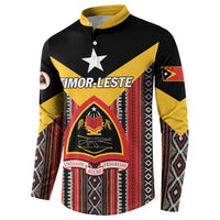 Personalized button sweatshirt, Timor-Leste text and crest on front, black and yellow sleeves