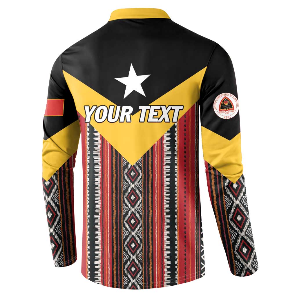 Personalized button sweatshirt back with large star, YOUR TEXT, black yellow red stripe pattern