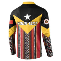 Personalized button sweatshirt back with large star, YOUR TEXT, black yellow red stripe pattern